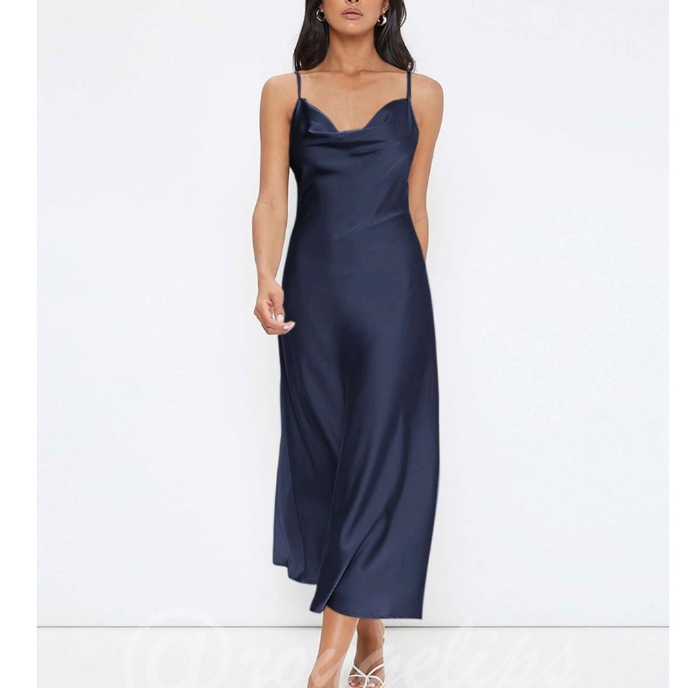 Dark Blue Satin Cami Dress Midi Adjustable Spaghetti Straps - Picture 2 of 8